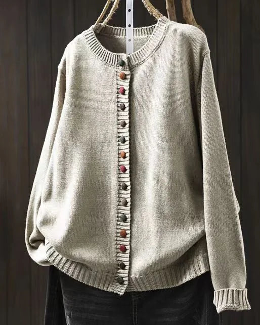 Women's knit loose-fit cardigan sweater with button-front and crew-neck – Cream