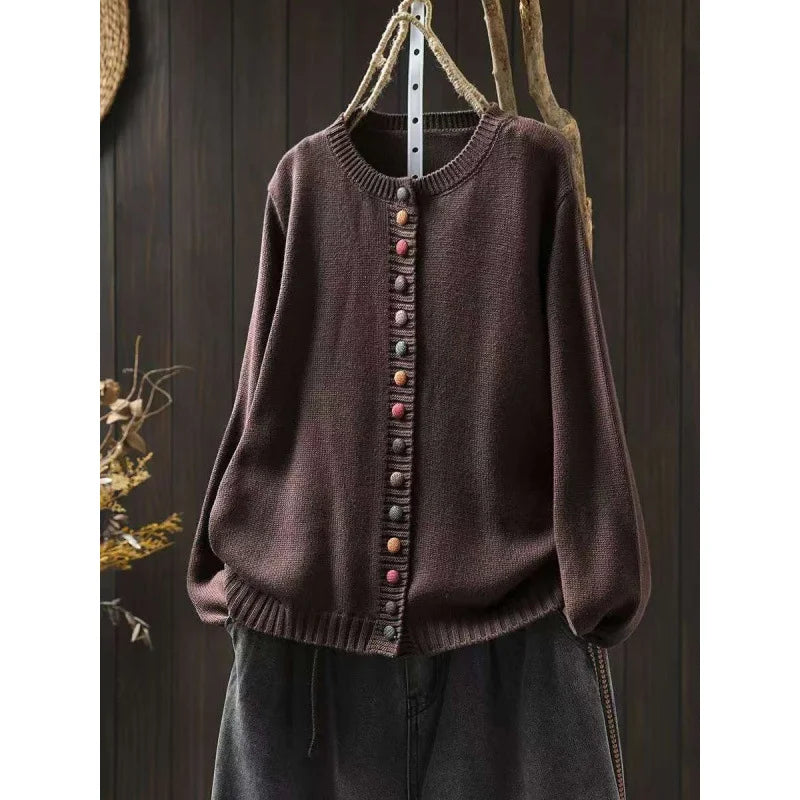 Women's knit loose-fit cardigan sweater with button-front and crew-neck – Dark Brown