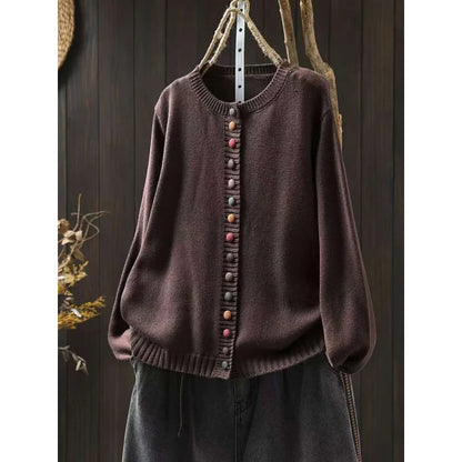 Women's knit loose-fit cardigan sweater with button-front and crew-neck – Dark Brown