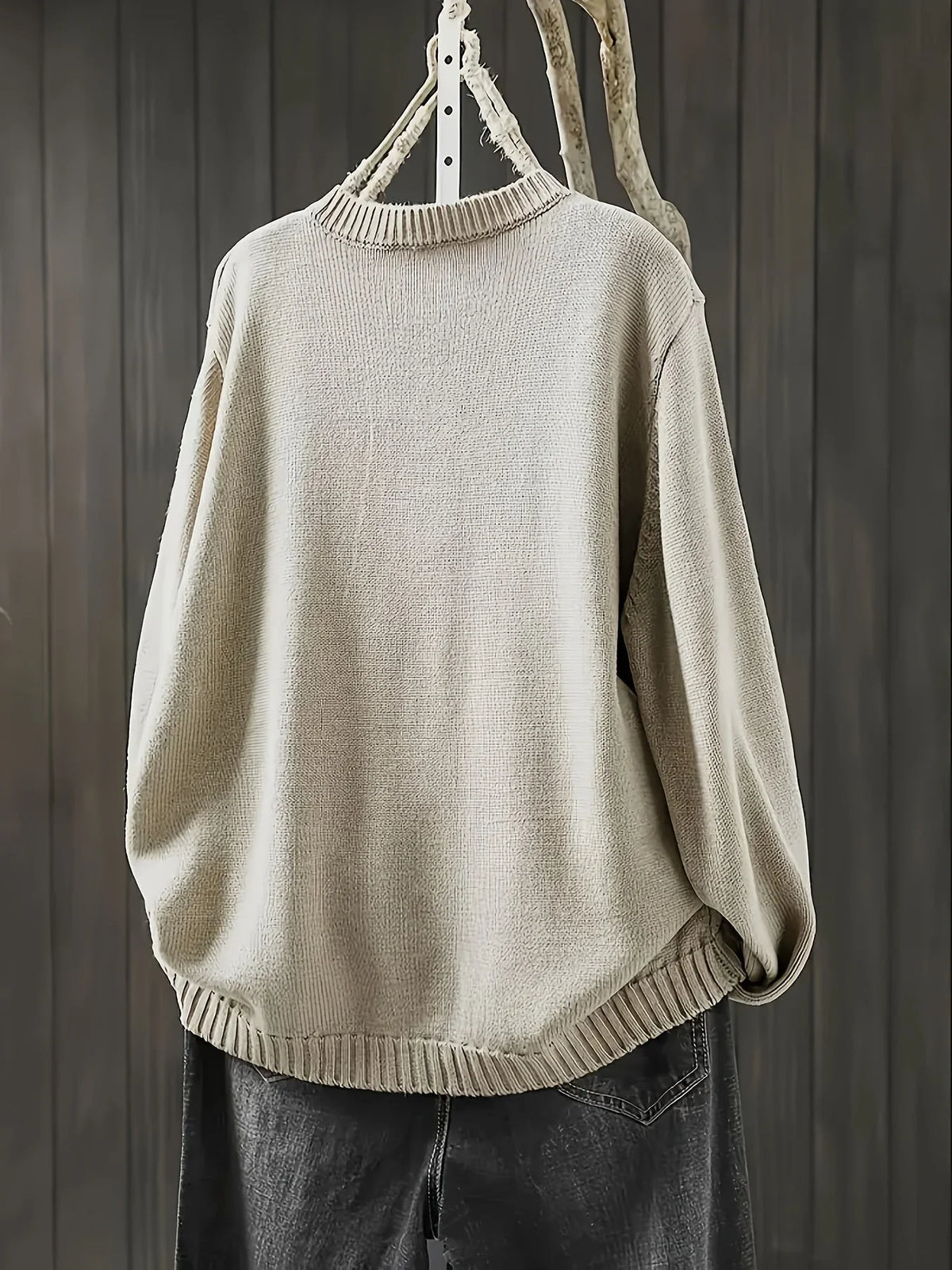 Women's knit loose-fit cardigan sweater with button-front and crew-neck