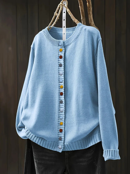 Women's knit loose-fit cardigan sweater with button-front and crew-neck – Light Blue