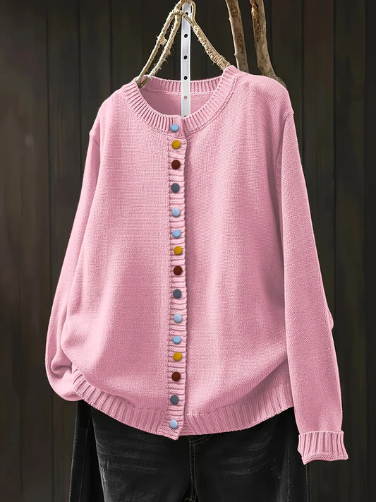 Women's knit loose-fit cardigan sweater with button-front and crew-neck – Light Pink