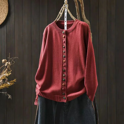 Women's knit loose-fit cardigan sweater with button-front and crew-neck – Red