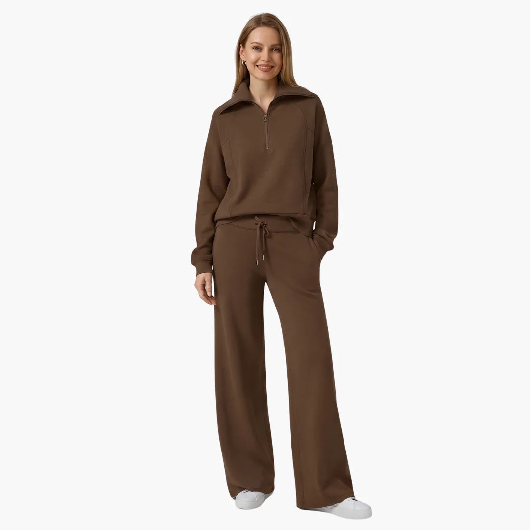 Women's knit lounge set with half-zip top and womens wide leg pants