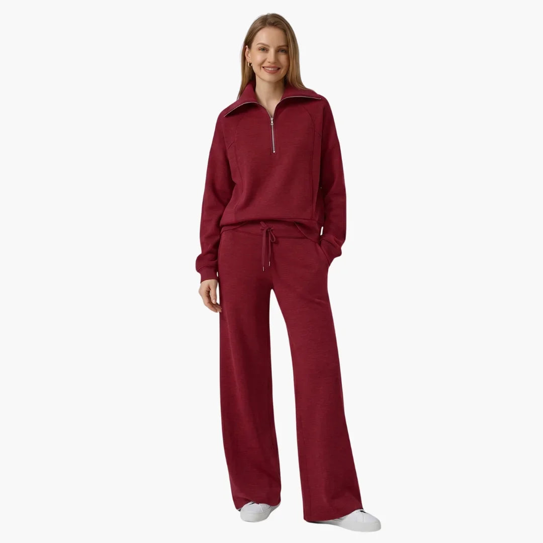 Women's knit lounge set with half-zip top and womens wide leg pants