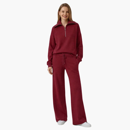 Women's knit lounge set with half-zip top and womens wide leg pants