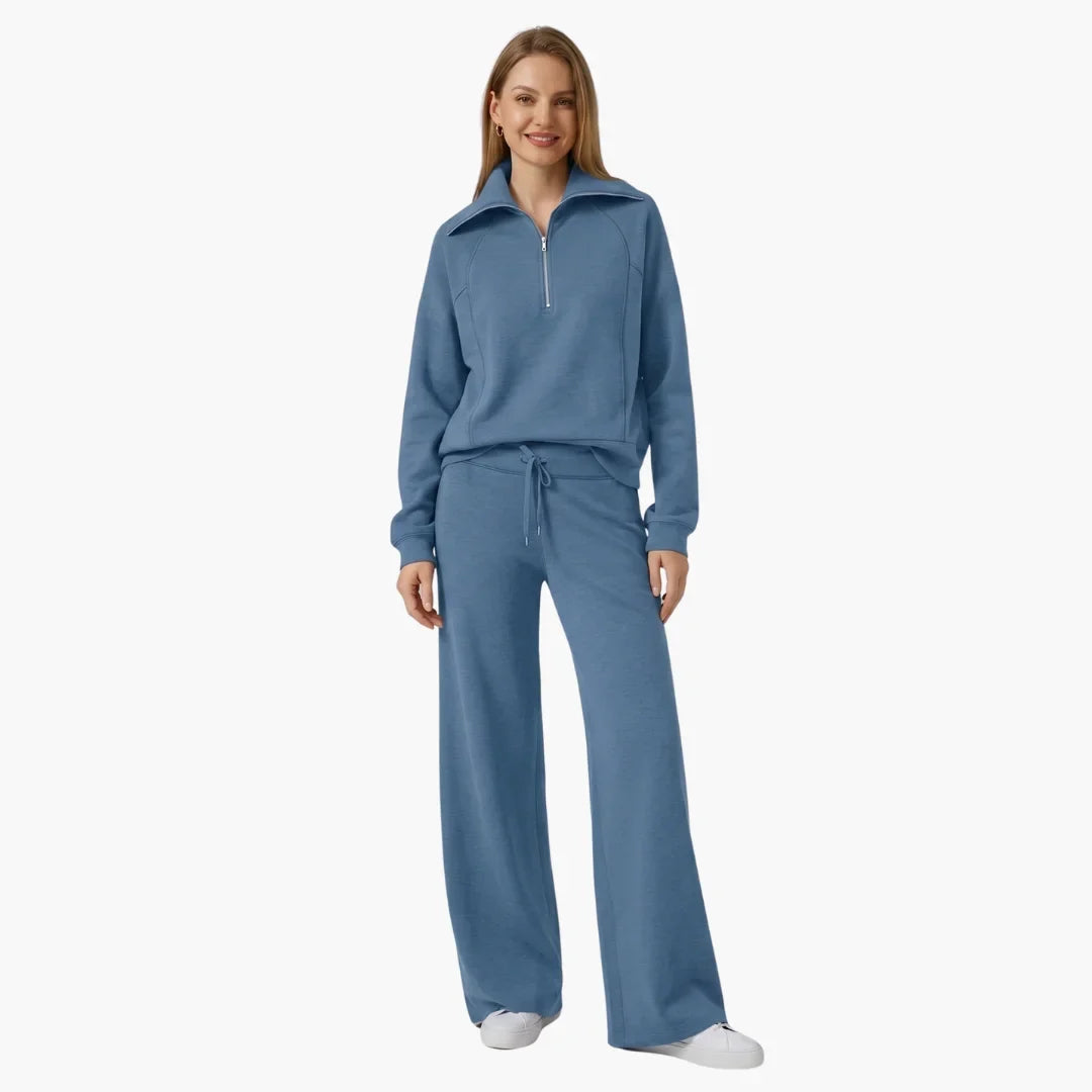Women's knit lounge set with half-zip top and womens wide leg pants