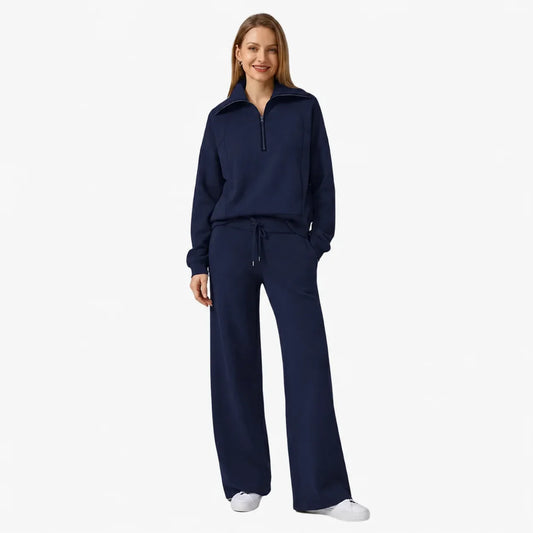 Women's knit lounge set with half-zip top and womens wide leg pants