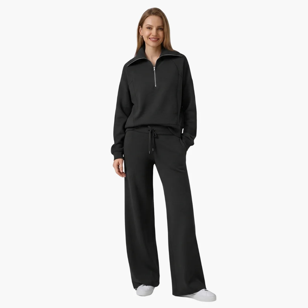 Women's knit lounge set with half-zip top and womens wide leg pants