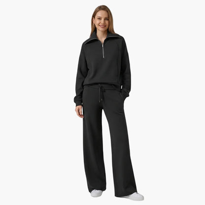 Women's knit lounge set with half-zip top and womens wide leg pants