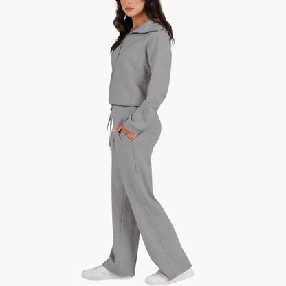 Women's knit lounge set with half-zip top and womens wide leg pants
