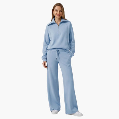 Women's knit lounge set with half-zip top and womens wide leg pants