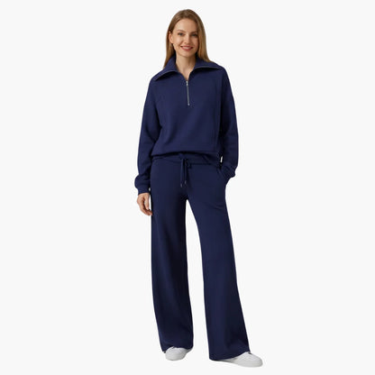 Women's knit lounge set with half-zip top and womens wide leg pants