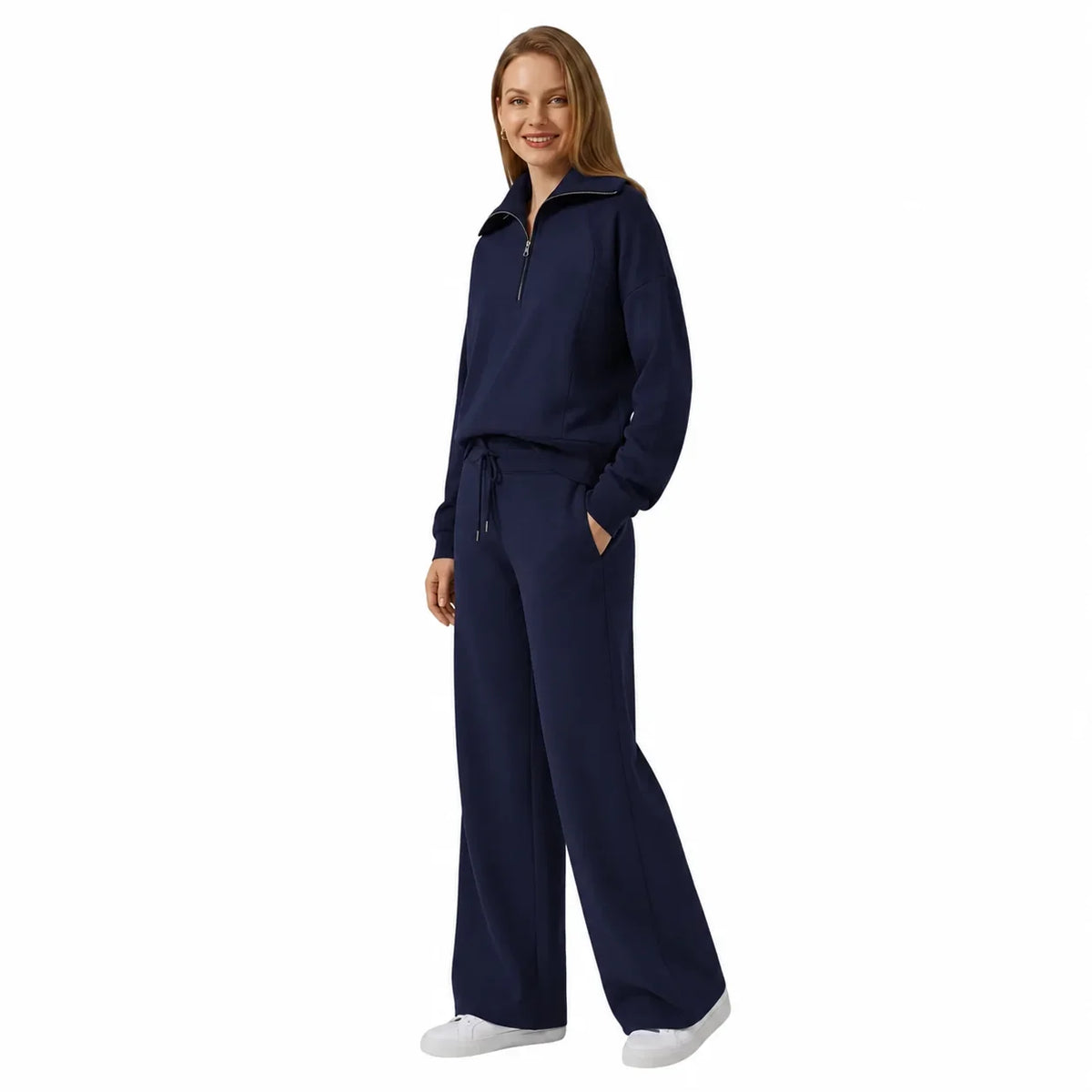Women's knit lounge set with half-zip top and womens wide leg pants