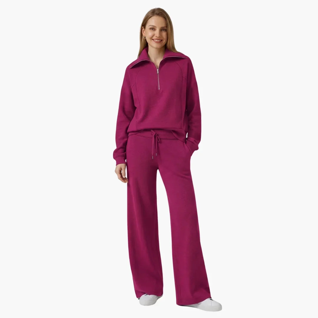 Women's knit lounge set with half-zip top and womens wide leg pants