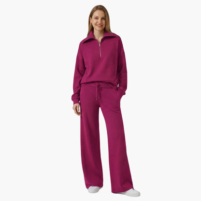 Women's knit lounge set with half-zip top and womens wide leg pants