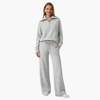 Women's knit lounge set with half-zip top and womens wide leg pants