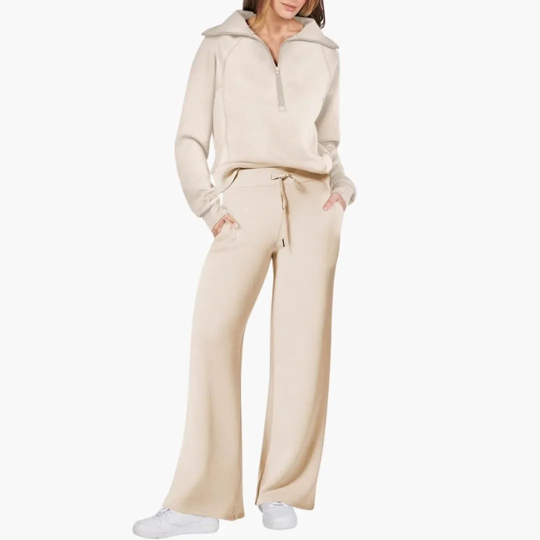 Women's knit lounge set with half-zip top and womens wide leg pants – Apricot