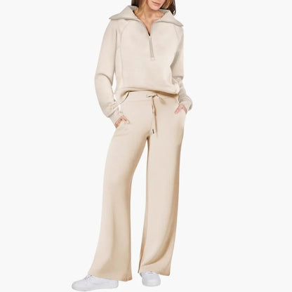 Women's knit lounge set with half-zip top and womens wide leg pants – Apricot