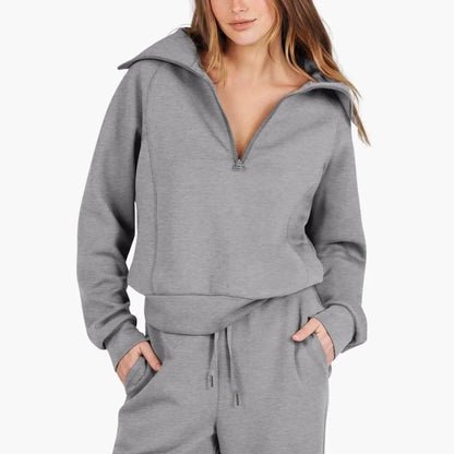 Women's knit lounge set with half-zip top and womens wide leg pants