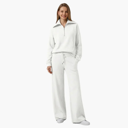 Women's knit lounge set with half-zip top and womens wide leg pants