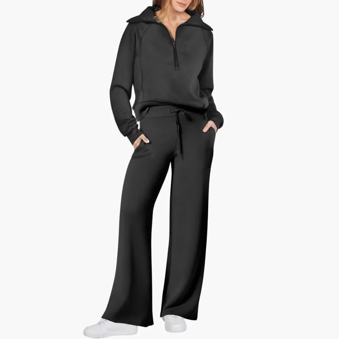 Women's knit lounge set with half-zip top and womens wide leg pants – Black