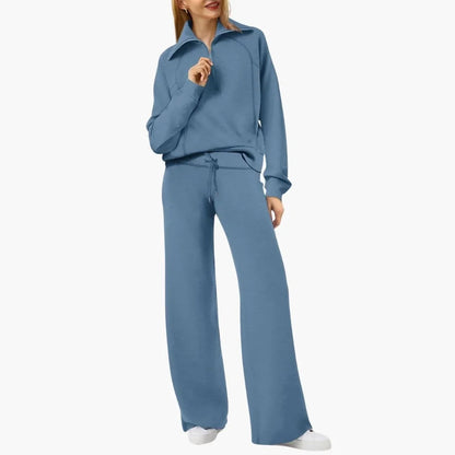 Women's knit lounge set with half-zip top and womens wide leg pants – Blue-Grey