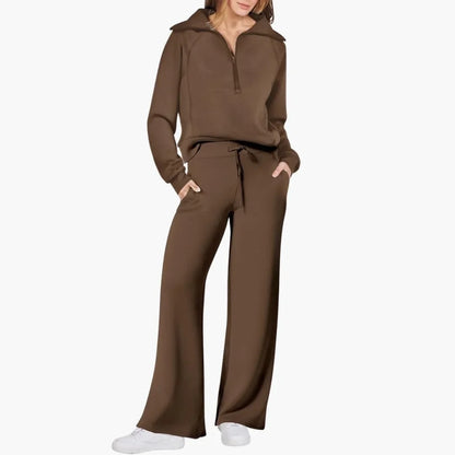 Women's knit lounge set with half-zip top and womens wide leg pants – Brown