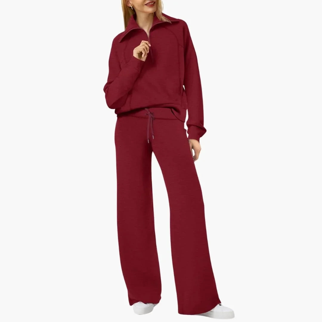 Women's knit lounge set with half-zip top and womens wide leg pants – Burgundy