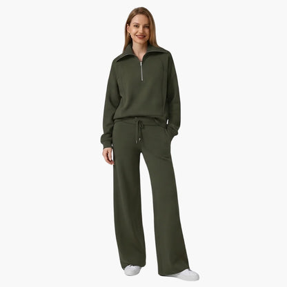 Women's knit lounge set with half-zip top and womens wide leg pants