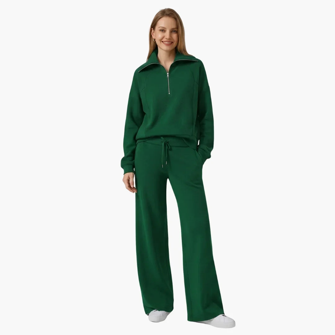 Women's knit lounge set with half-zip top and womens wide leg pants