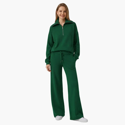 Women's knit lounge set with half-zip top and womens wide leg pants