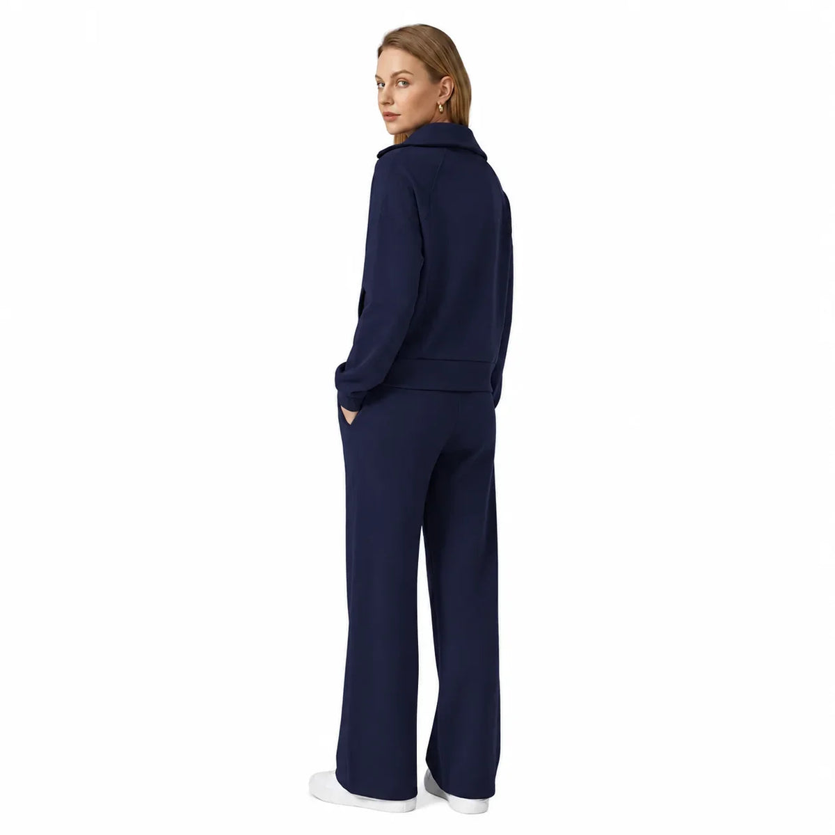 Women's knit lounge set with half-zip top and womens wide leg pants
