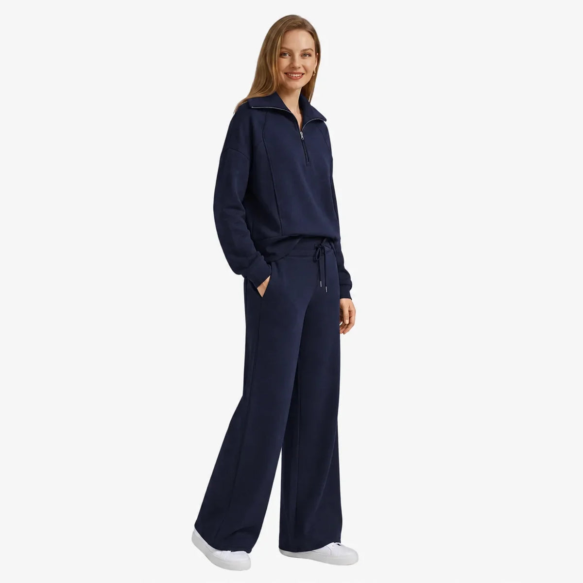 Women's knit lounge set with half-zip top and womens wide leg pants