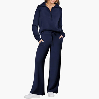 Women's knit lounge set with half-zip top and womens wide leg pants – Dark Blue