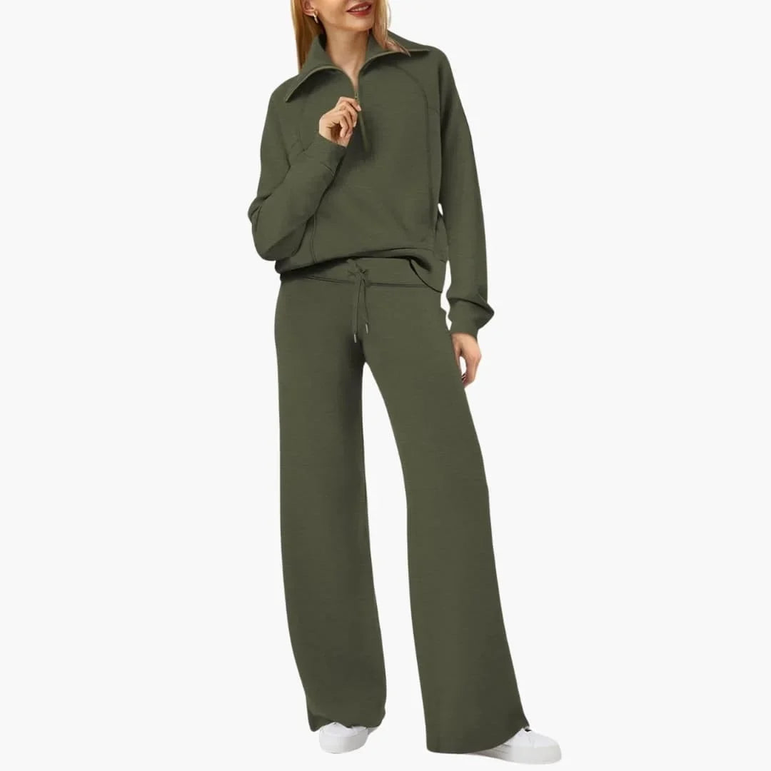 Women's knit lounge set with half-zip top and womens wide leg pants – Dark Green