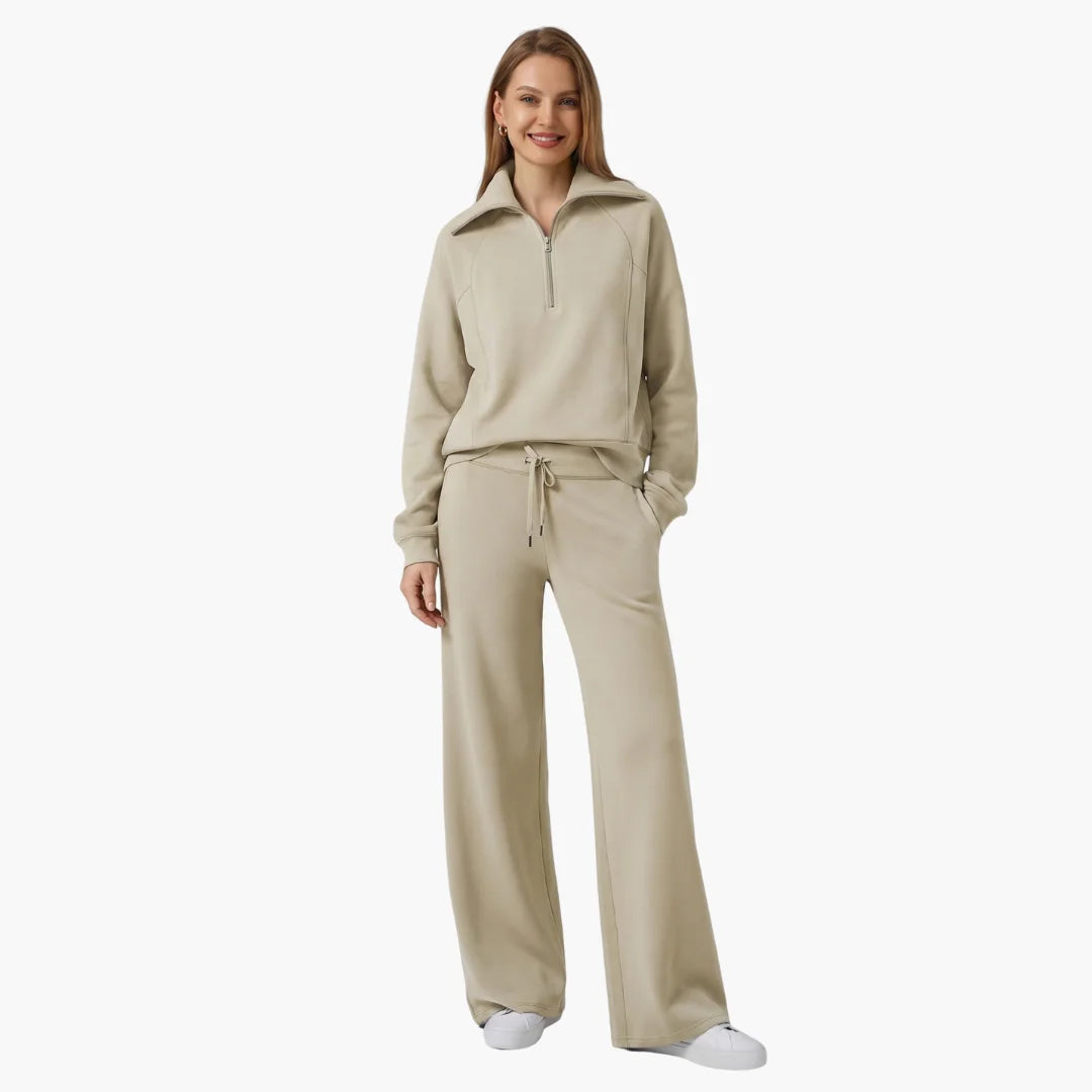 Women's knit lounge set with half-zip top and womens wide leg pants