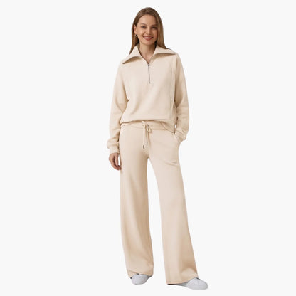 Women's knit lounge set with half-zip top and womens wide leg pants