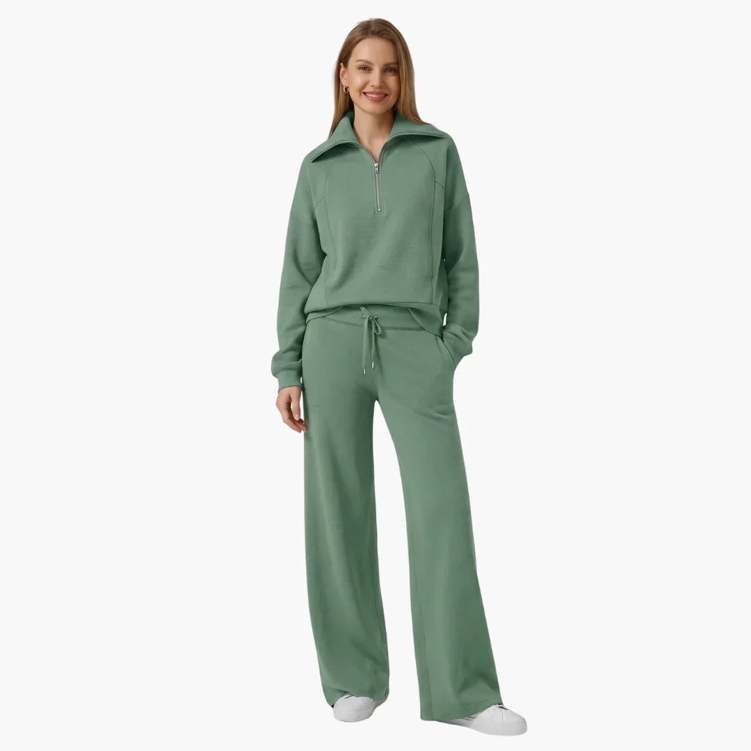 Women's knit lounge set with half-zip top and womens wide leg pants