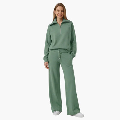 Women's knit lounge set with half-zip top and womens wide leg pants