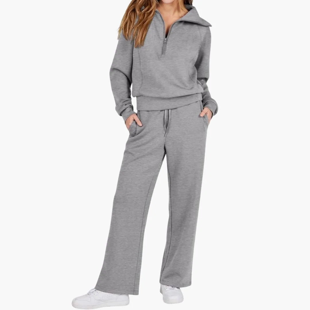 Women's knit lounge set with half-zip top and womens wide leg pants – Grey