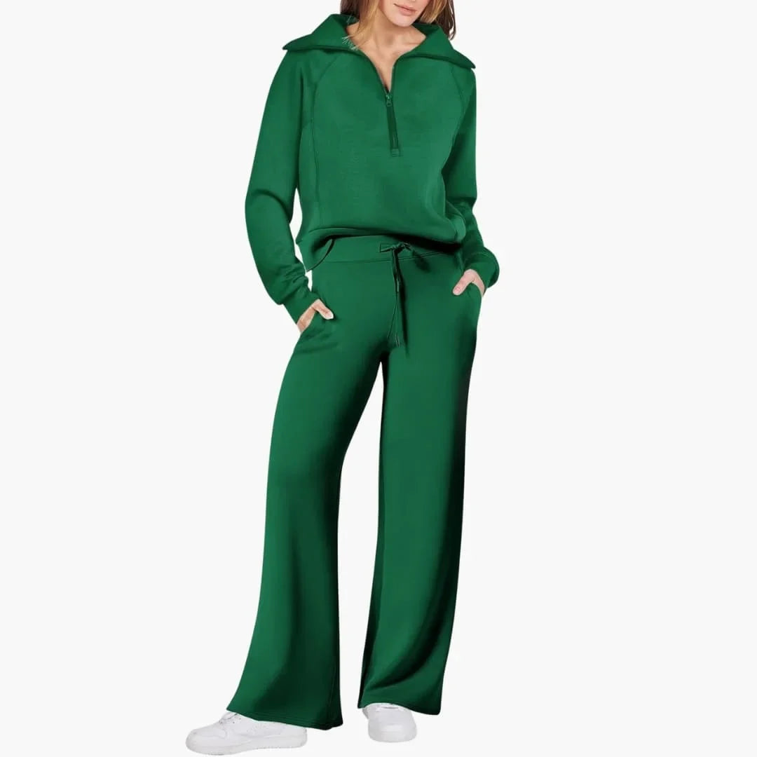 Women's knit lounge set with half-zip top and womens wide leg pants – Green