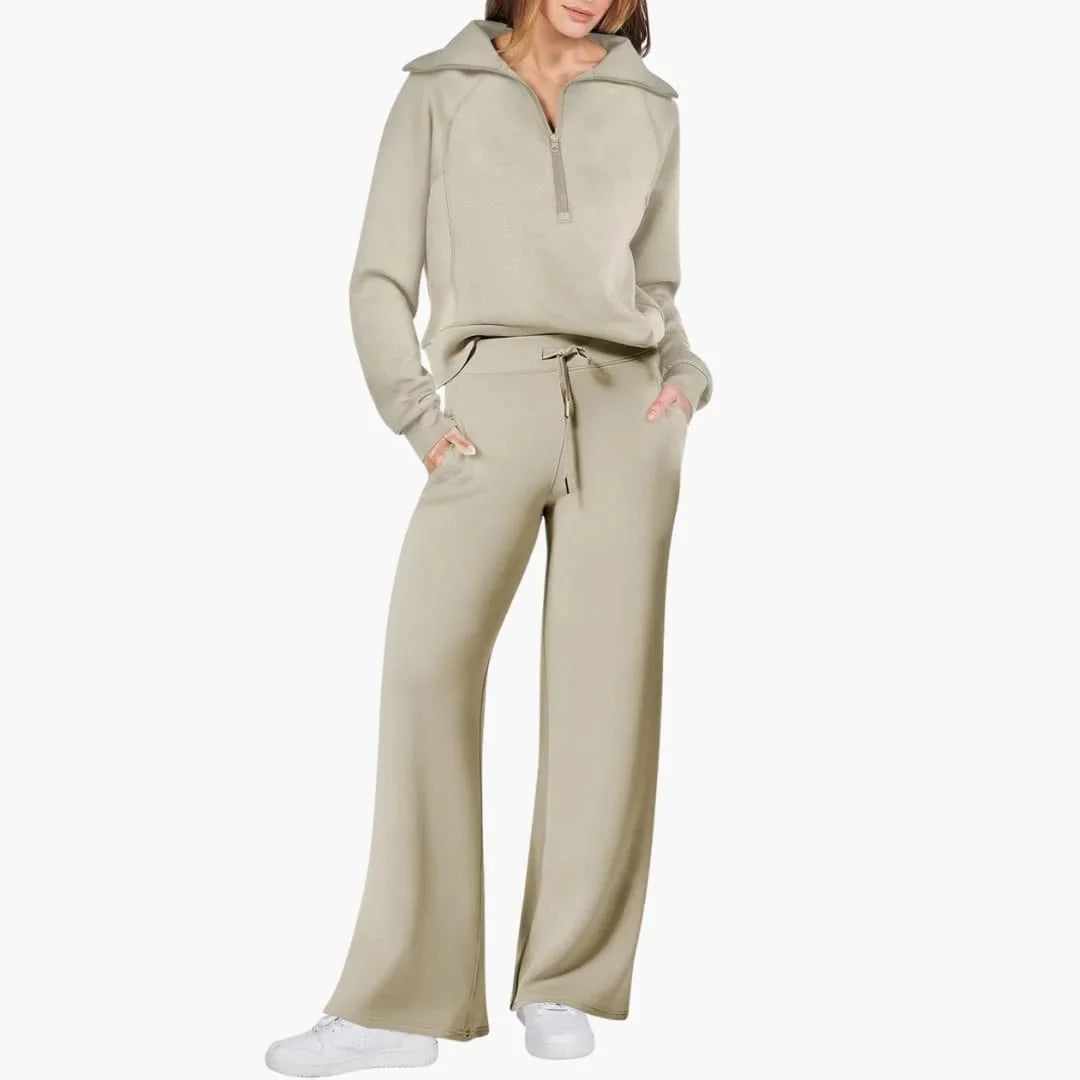 Women's knit lounge set with half-zip top and womens wide leg pants – Khaki