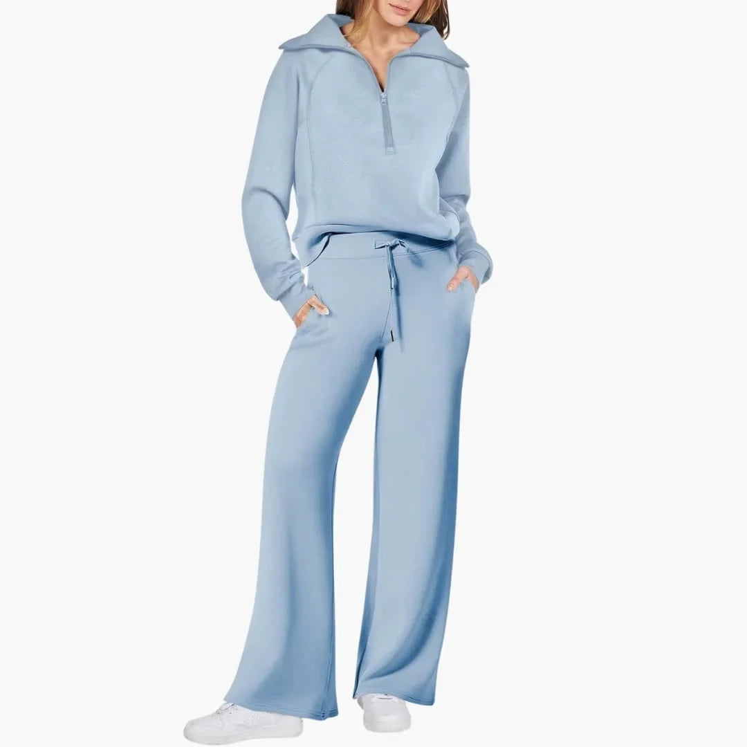 Women's knit lounge set with half-zip top and womens wide leg pants – Light Blue