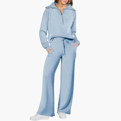 Women's knit lounge set with half-zip top and womens wide leg pants – Light Blue
