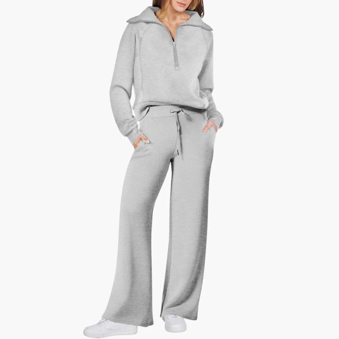Women's knit lounge set with half-zip top and womens wide leg pants – Light Grey