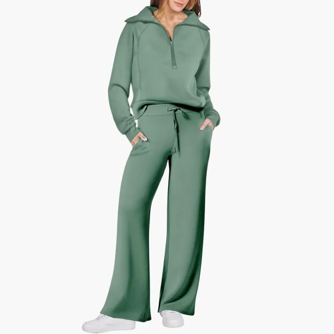 Women's knit lounge set with half-zip top and womens wide leg pants – Light Green
