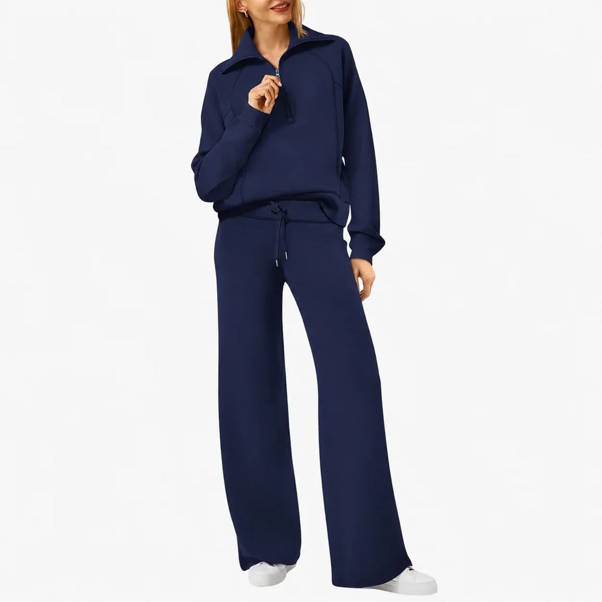 Women's knit lounge set with half-zip top and womens wide leg pants – Navy