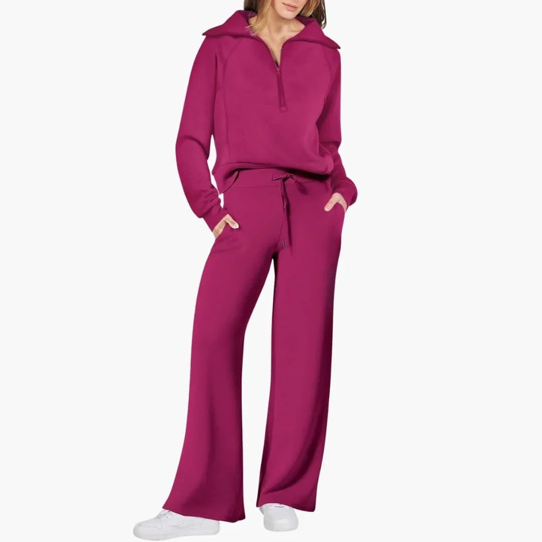 Women's knit lounge set with half-zip top and womens wide leg pants – Pink