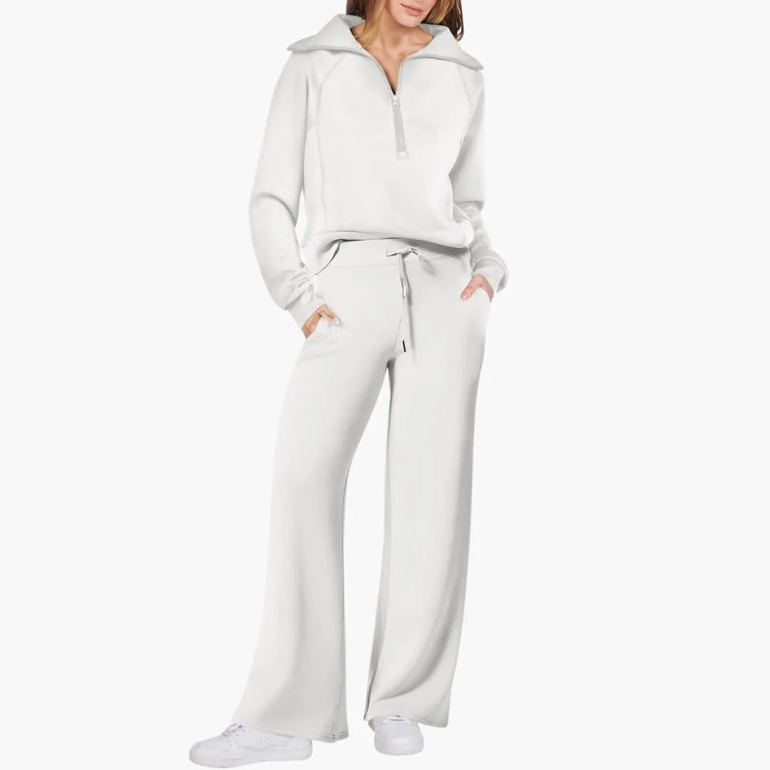 Women's knit lounge set with half-zip top and womens wide leg pants – White